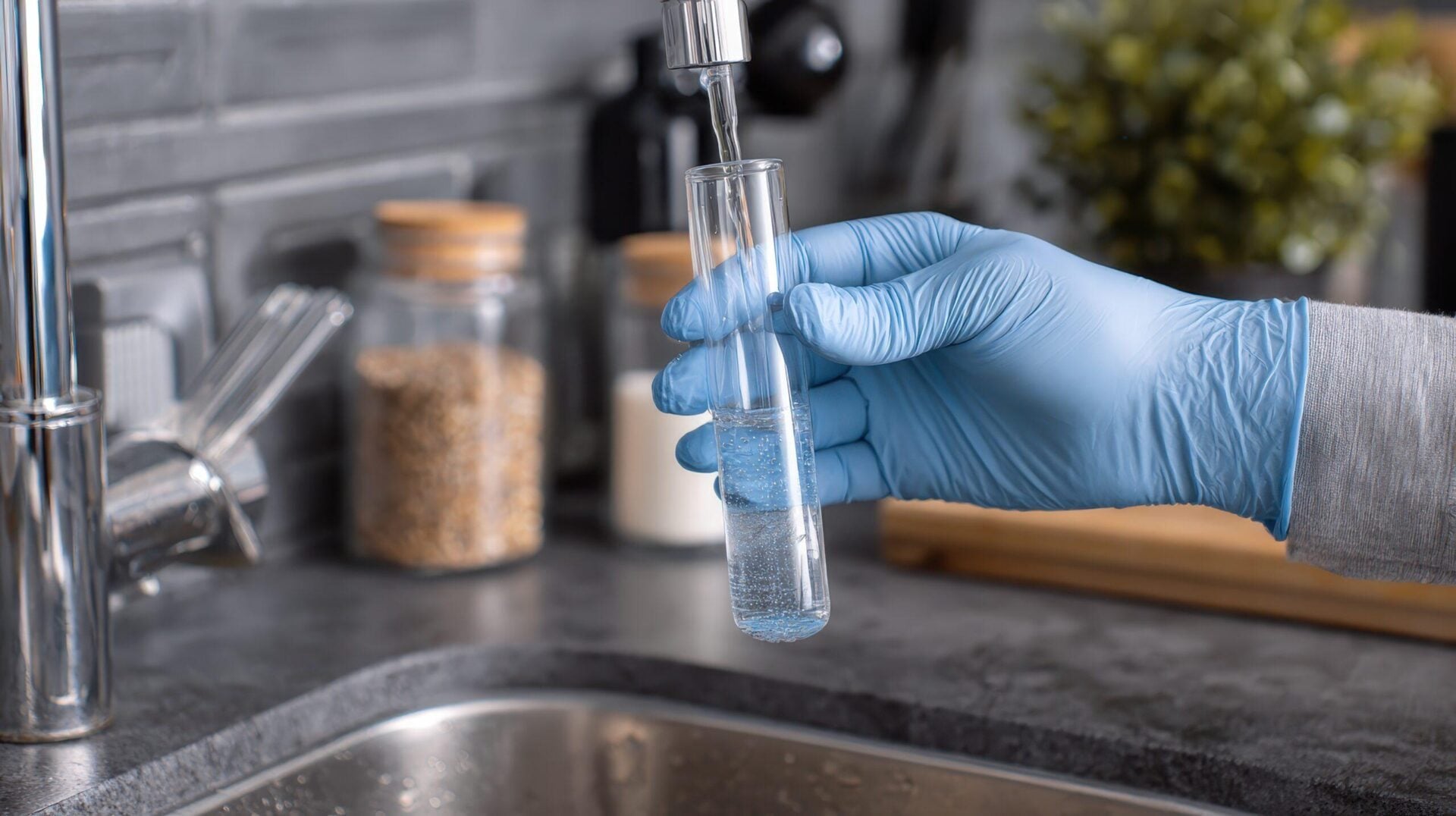 Collecting a tap-water sample at a kitchen sink