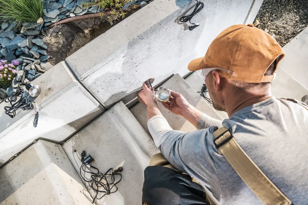 electrician installing outdoor lighting