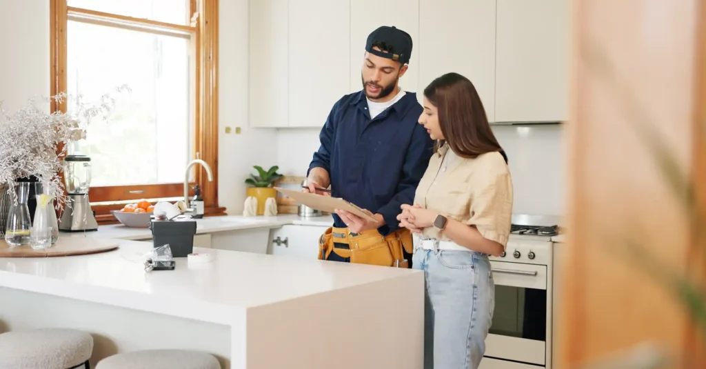 plumber speaking with homeowner