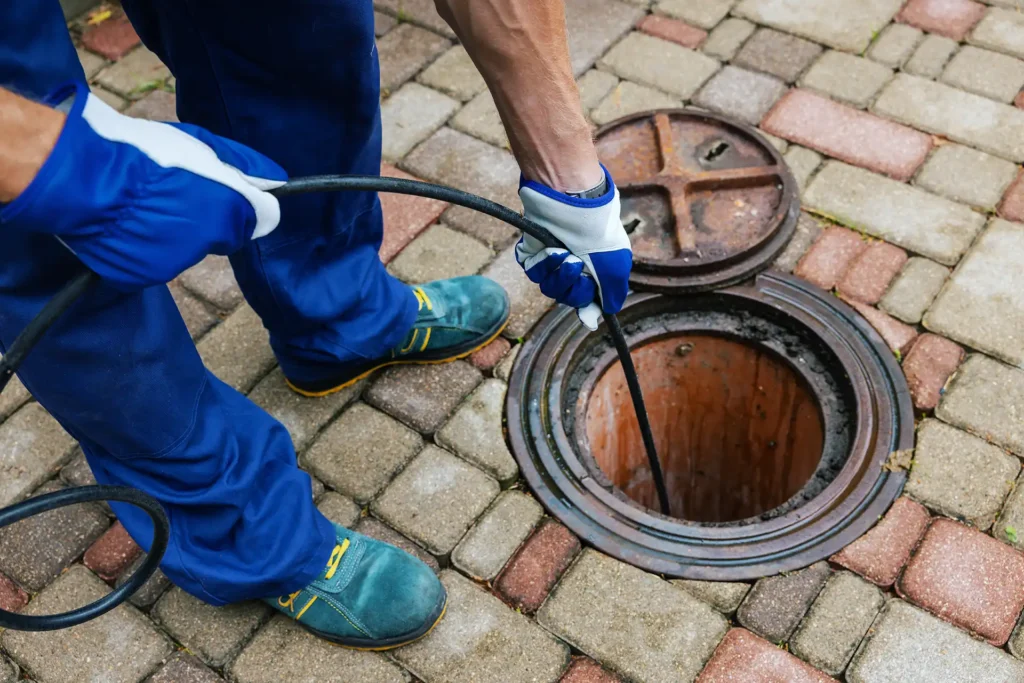 sewer cleaning by plumber in progress