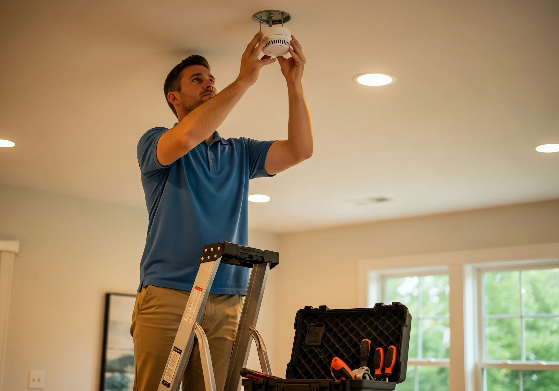 electrician working on smoke detector